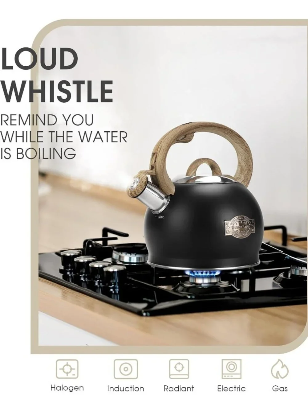 Black Whistling Tea kettle 2.1 Quart Stainless Steel Stovetop with Wood Handle